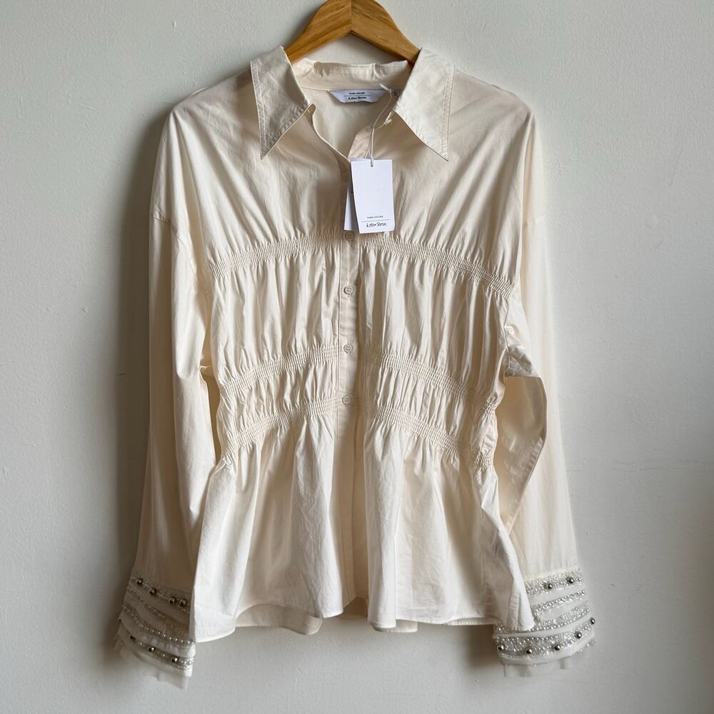 NWT PARIS ATELIER & OTHER STORIES Shirred Button Down with Embellished Cuffs